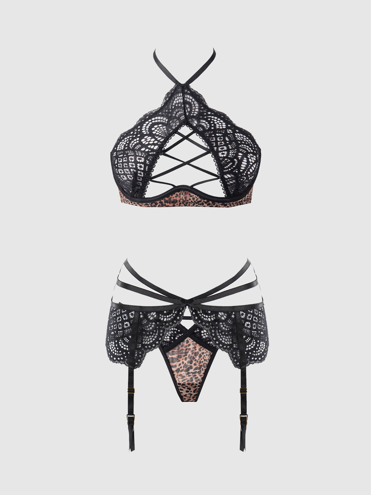 House of Desire Felicia Leopard Mesh & Lace Bra, Garter & G-String Set