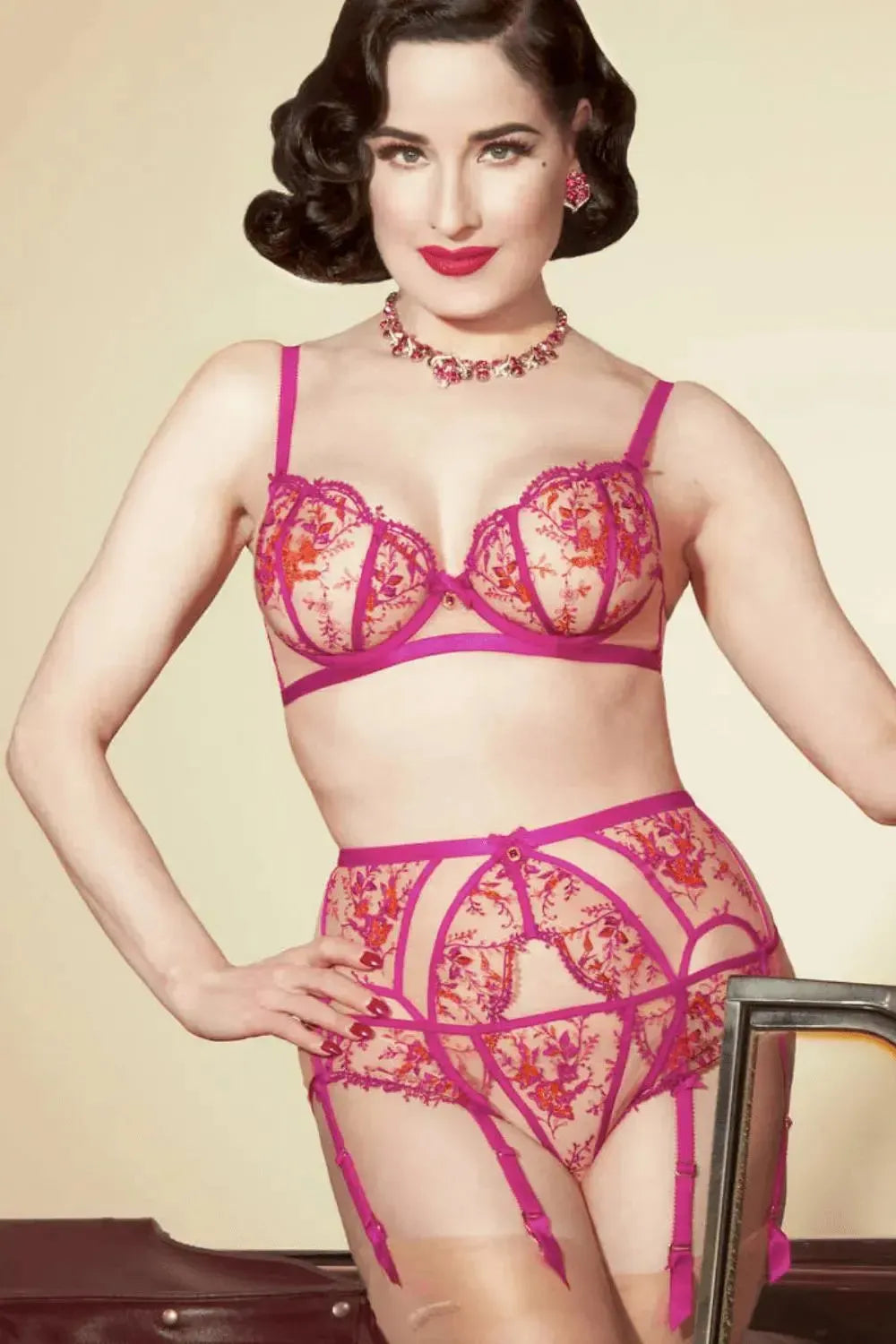 Dita Von Teese Femmoiselle Sheer Suspender Belt Pomegranate