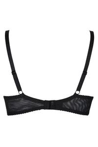 Black sheer unlined bra with delicate lace, glossy thongs, underwire, and adjustable straps.