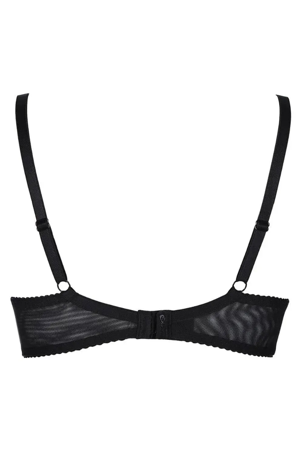 Black sheer unlined bra with delicate lace, glossy thongs, underwire, and adjustable straps.