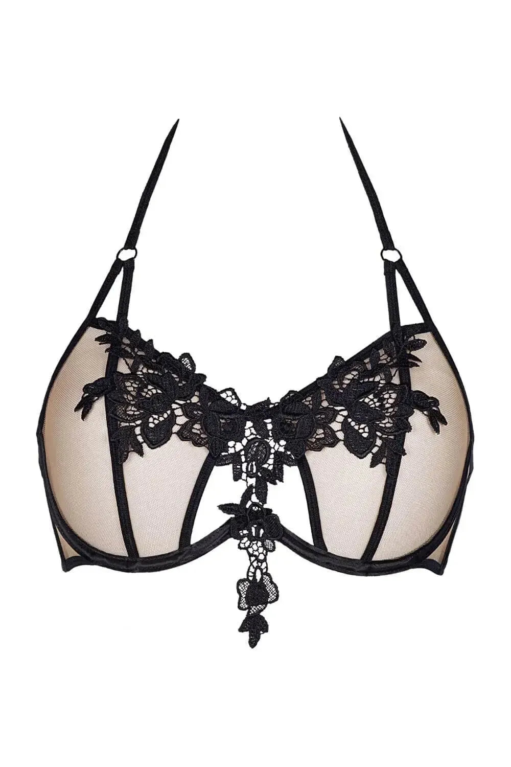 Axami Flamenco sheer mesh unlined bra with beige tulle, black embroidery, and halter-style ties.