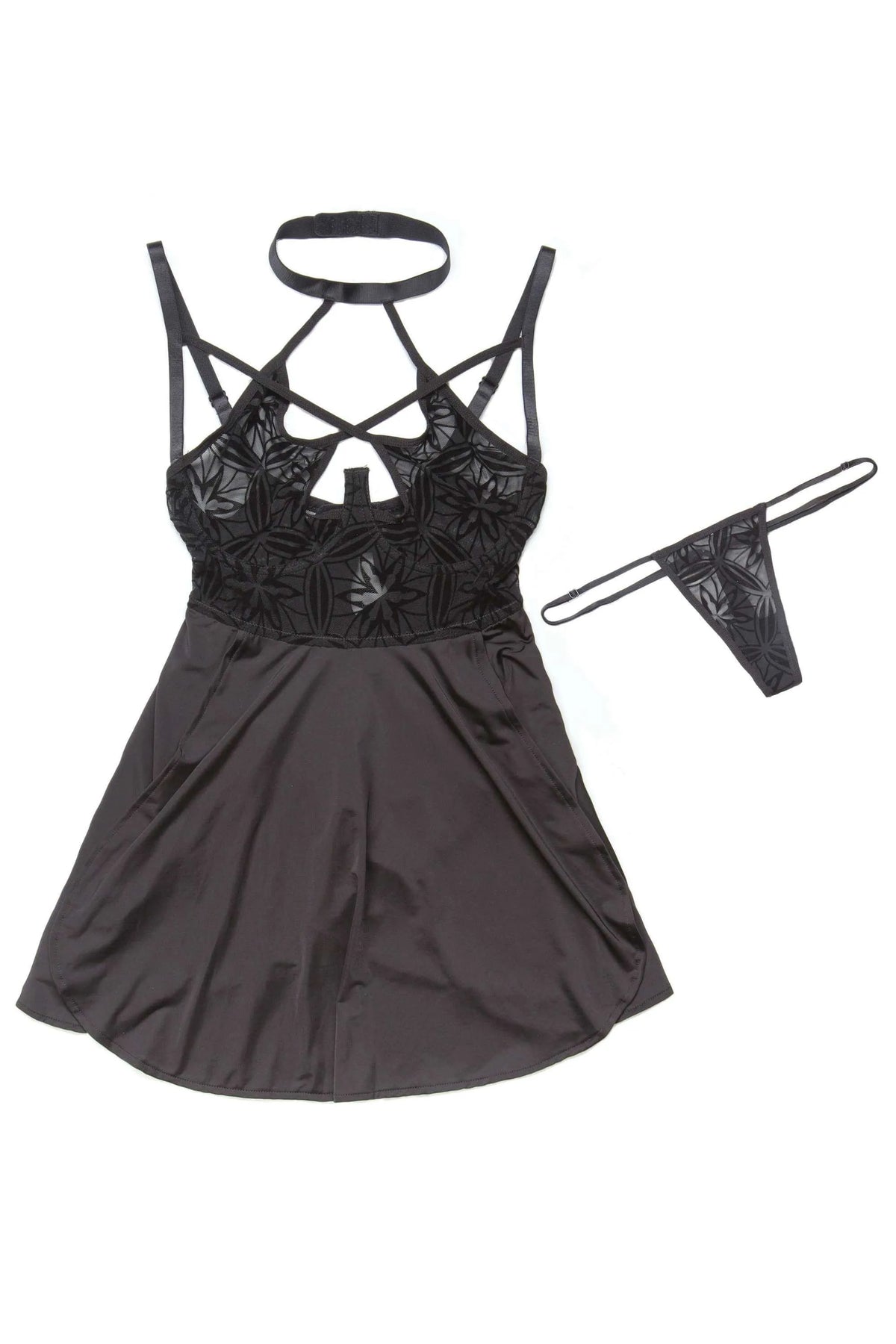 Coquette Flocked Mesh and Microfiber Babydoll Black