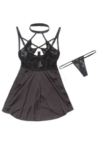 Coquette Flocked Mesh and Microfiber Babydoll Black