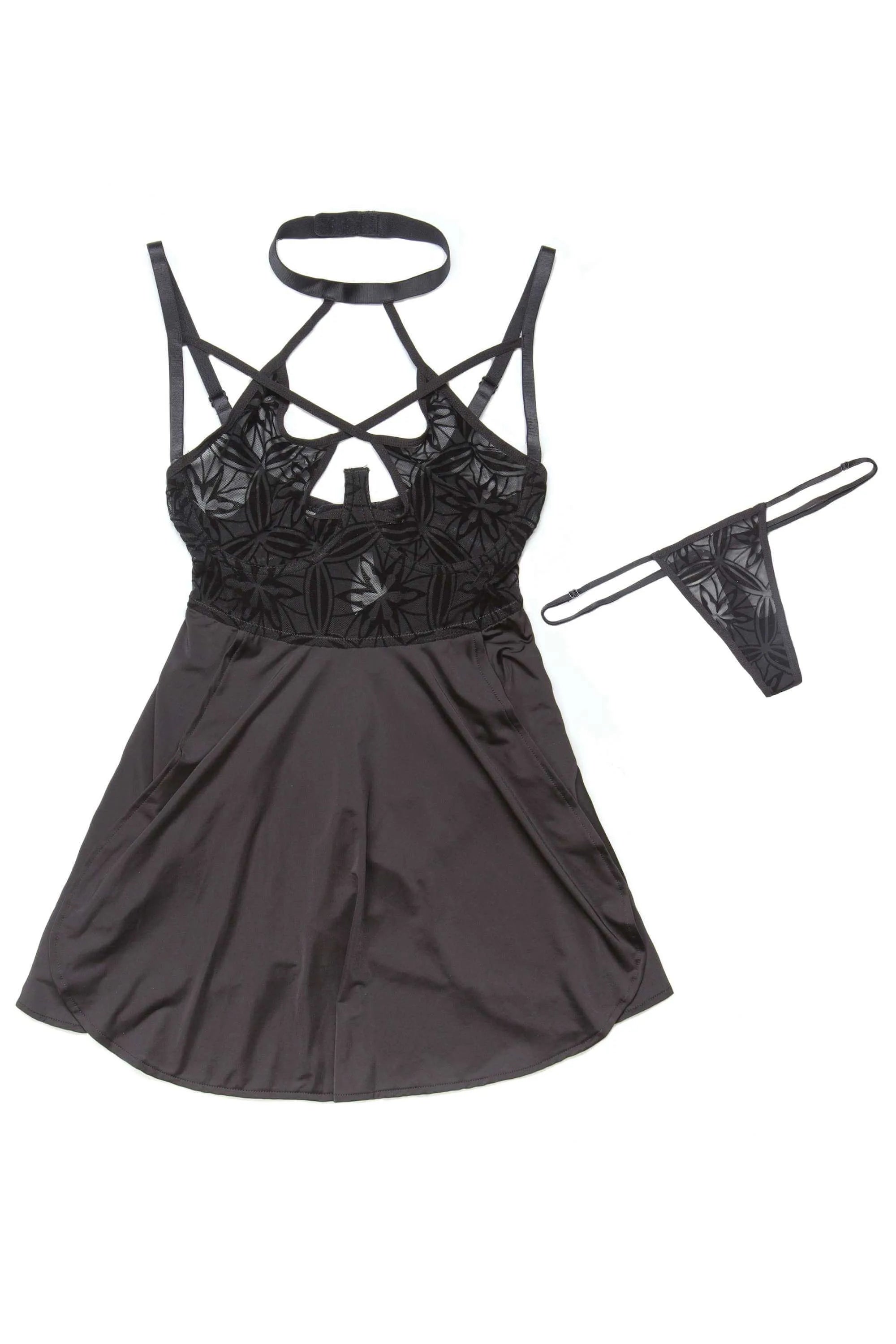 Coquette Flocked Mesh and Microfiber Babydoll Black