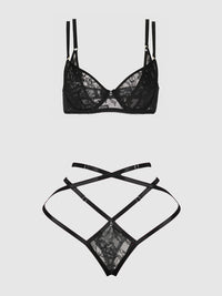 House of Desire Flora Lace Bra and Strappy Thong Set Black