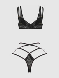 House of Desire Flora Lace Bra and Strappy Thong Set Black