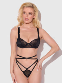 House of Desire Flora Lace Bra and Strappy Thong Set Black