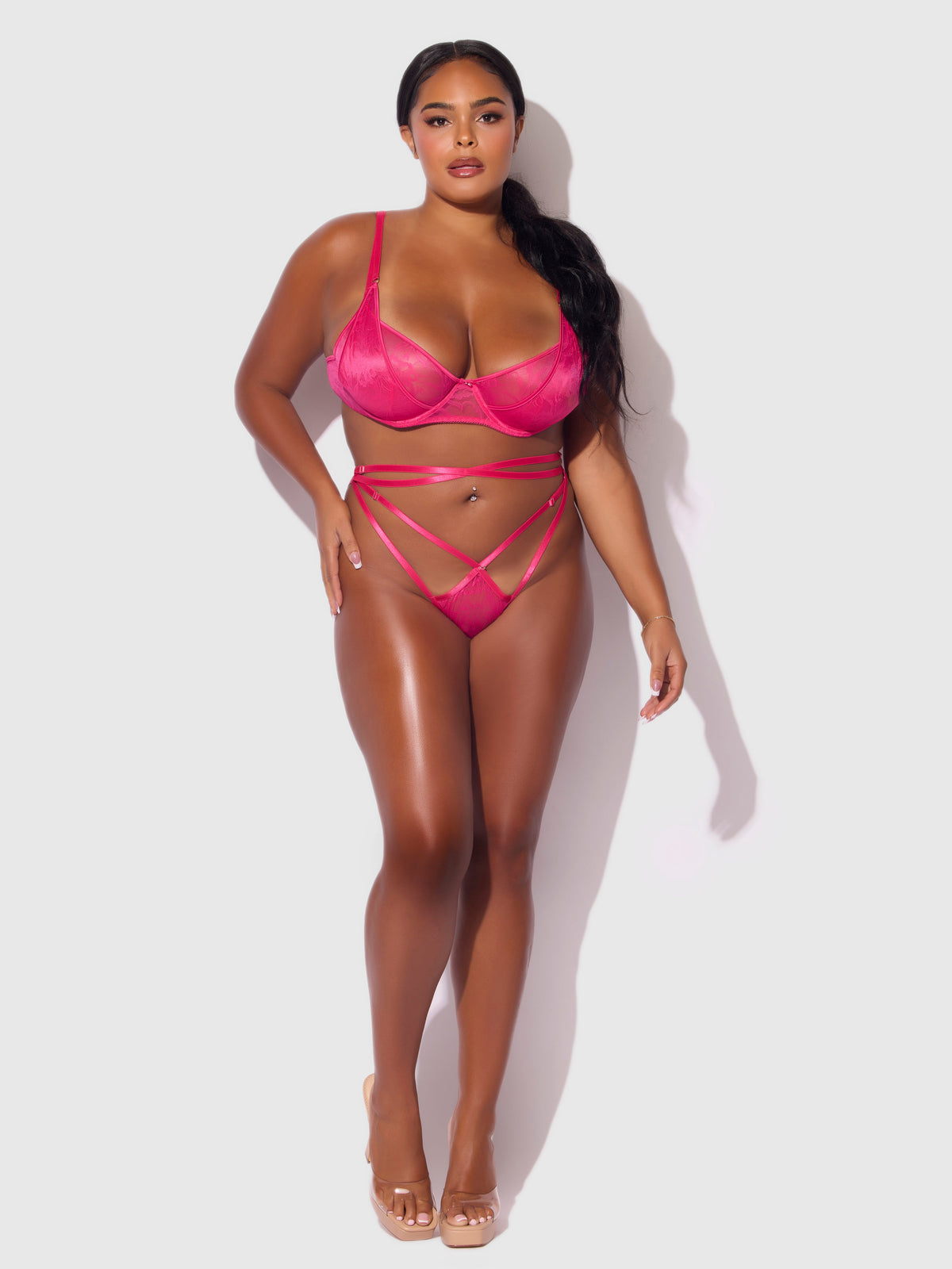 Flora Lace Bra and Strappy Thong Set Pink Dragon