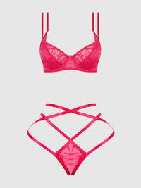 House of Desire Flora Lace Bra and Strappy Thong Set Pink Dragon