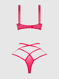 House of Desire Flora Lace Bra and Strappy Thong Set Pink Dragon