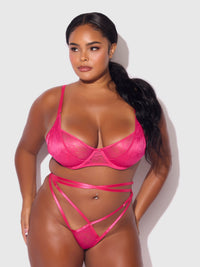 House of Desire Flora Lace Bra and Strappy Thong Set Pink Dragon