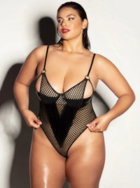 Oh la la Cheri Curvy Frisky Fishnet Peek-A-Boo Teddy Black-Rebel Romance