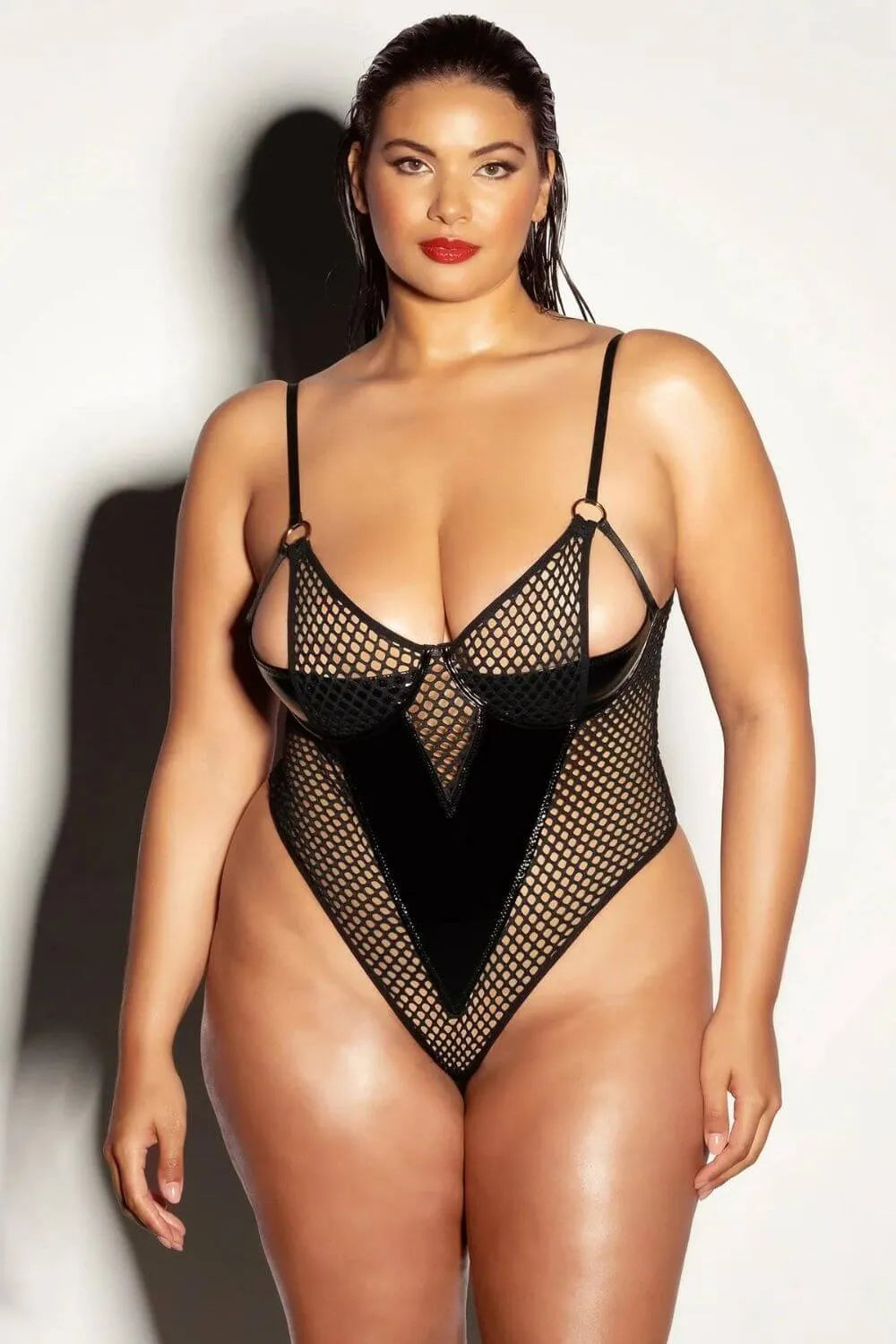 Oh la la Cheri Curvy Frisky Fishnet Peek-A-Boo Teddy Black-Rebel Romance