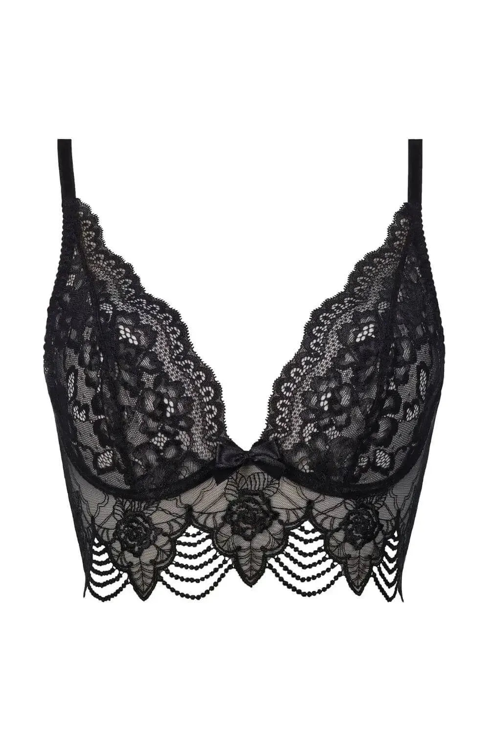 Intriguing black Axami Fruit Garden Roses lace corset bra with underwire, floral lace, and a charming bow.