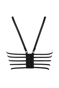 Intriguing black soft corset bra with sensual back design and adjustable straps.