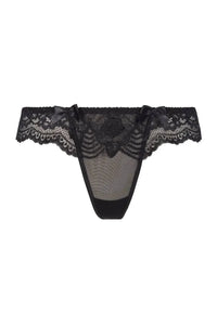 Axami Fruit Garden Roses Lace Thong in deep black, featuring a feminine rose lace pattern and intriguing back.