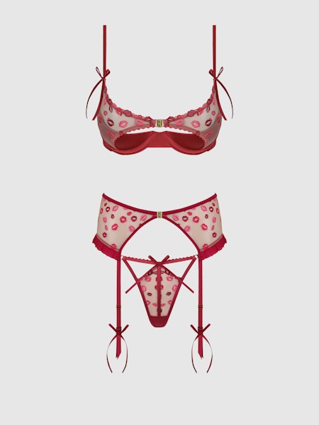 House of Desire Angelina Kiss Lips Embroidery Open Cup Bra Set