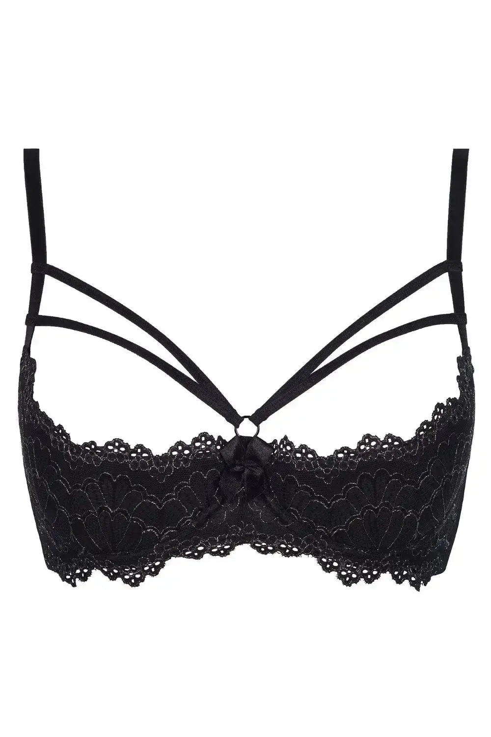 Axami Ginger Cookie black open cup shelf bra with silver metallic lace and decorative bust straps.