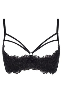 Axami Ginger Cookie black open cup shelf bra with silver metallic lace and decorative bust straps.