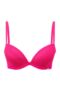 Limited Edition hot pink Glossies Padded Plunge Bra with sheer smooth fabric, moulded cups, and gold signature plate.