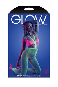 Fantasy Glow Black Light Come Alive 3 Piece Suspender Stockings Set