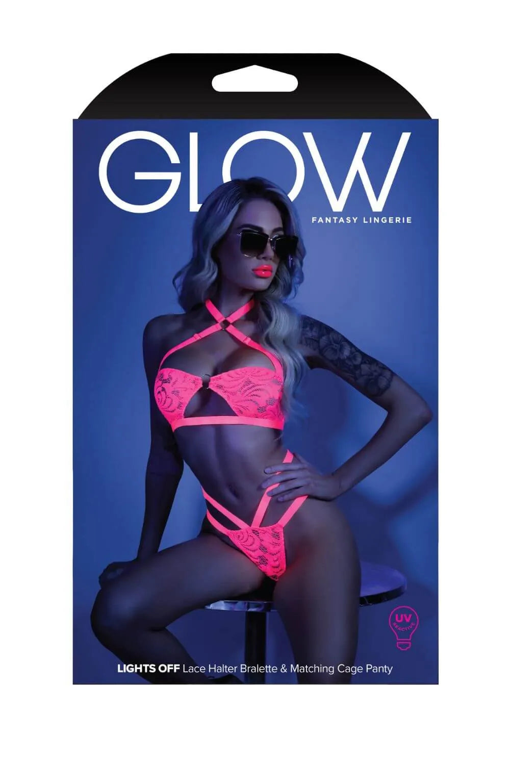Fantasy Glow Black Light Halter Bandeau and Cage Panty Neon Pink