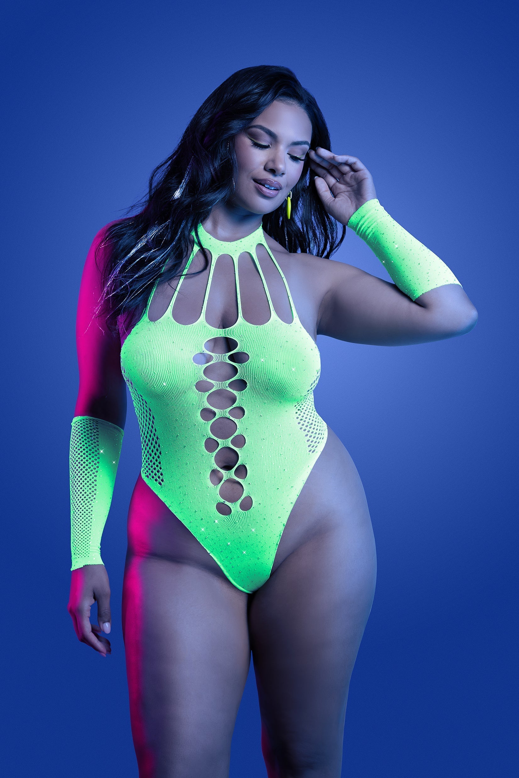 Fantasy Lingerie Glow Black Light Pressure Point Rhinestone Teddy & Gloves