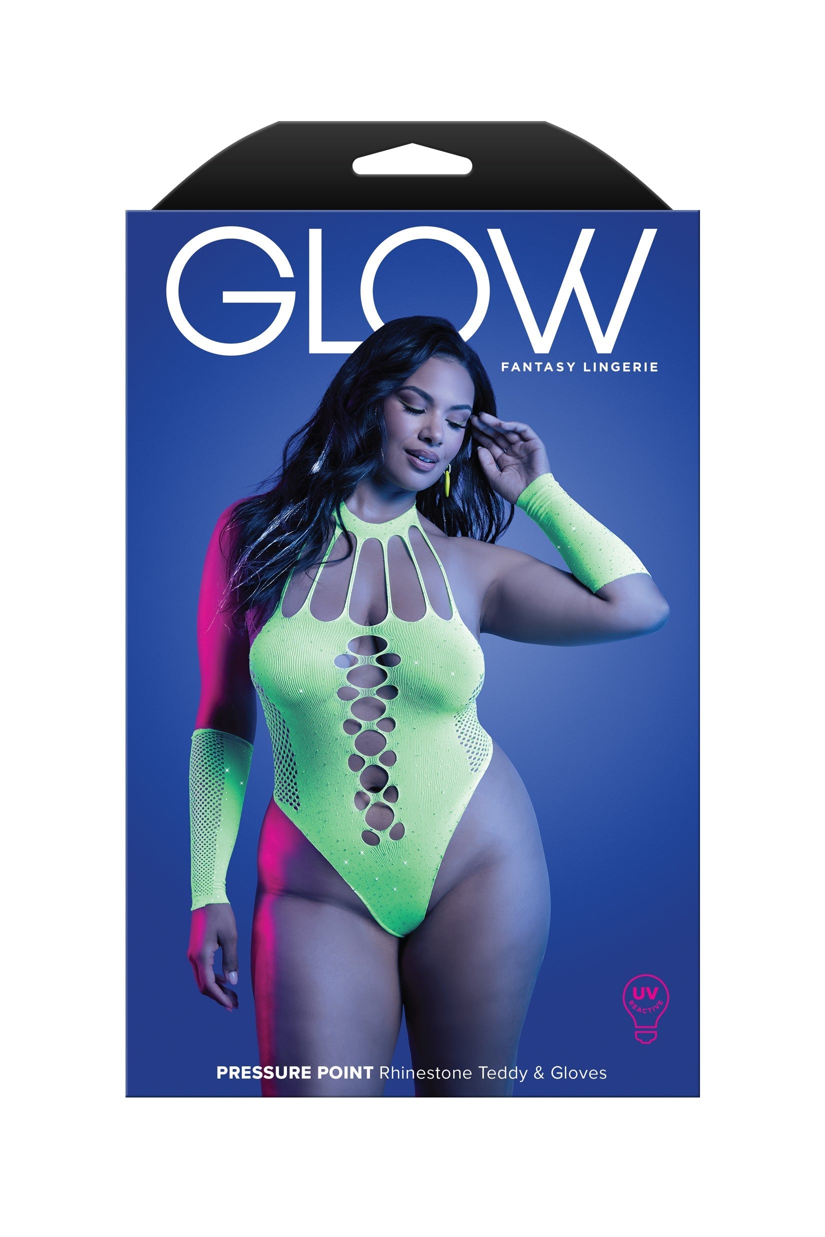 Fantasy Lingerie Glow Black Light Pressure Point Rhinestone Teddy & Gloves