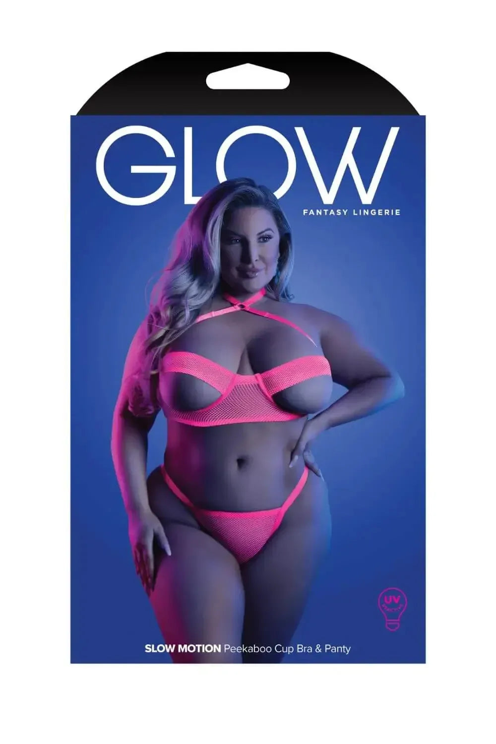 Fantasy Queen Glow Black Light Slow Motion Peekaboo Cup Bra & Panty Neon Pink