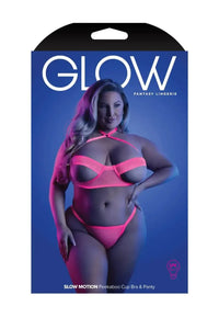 Fantasy Queen Glow Black Light Slow Motion Peekaboo Cup Bra & Panty Neon Pink