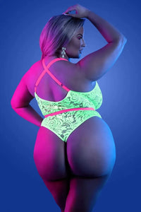 Fantasy Queen Glow Black Light Spotlight Lace Teddy Neon Green