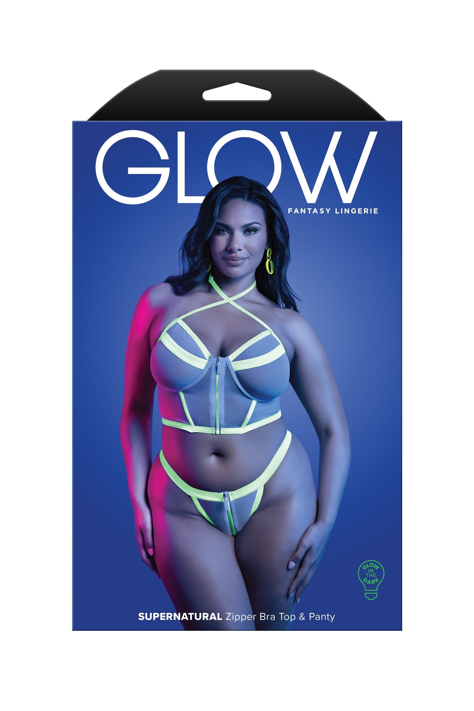 Fantasy Lingerie Glow Black Light Supernatural Zipper Bra Top & Panty Set