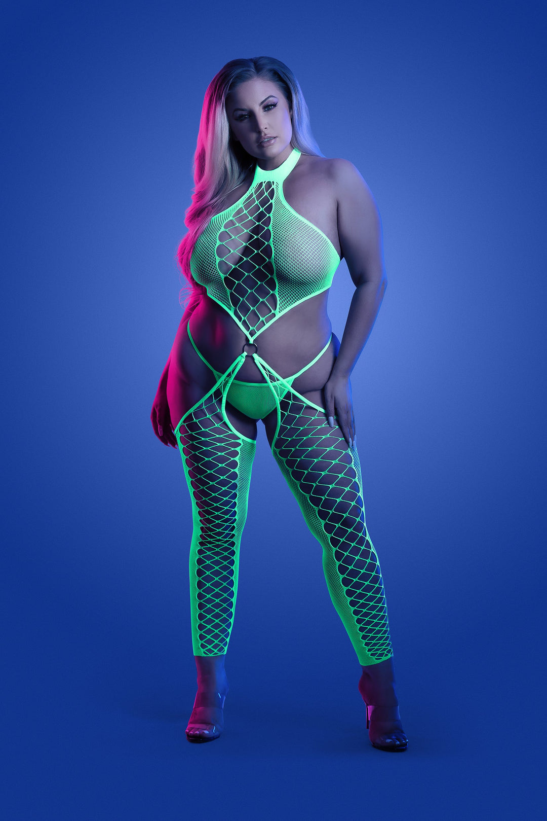 Glow Queen High Voltage High Neck Bodystocking & G-string Neon Green-Fantasy Lingerie-Rebel Romance