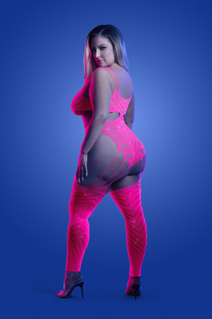Glow Queen Wavelength Cutout Rhinestone Teddy Bodystocking Neon Pink-Fantasy Lingerie-Rebel Romance