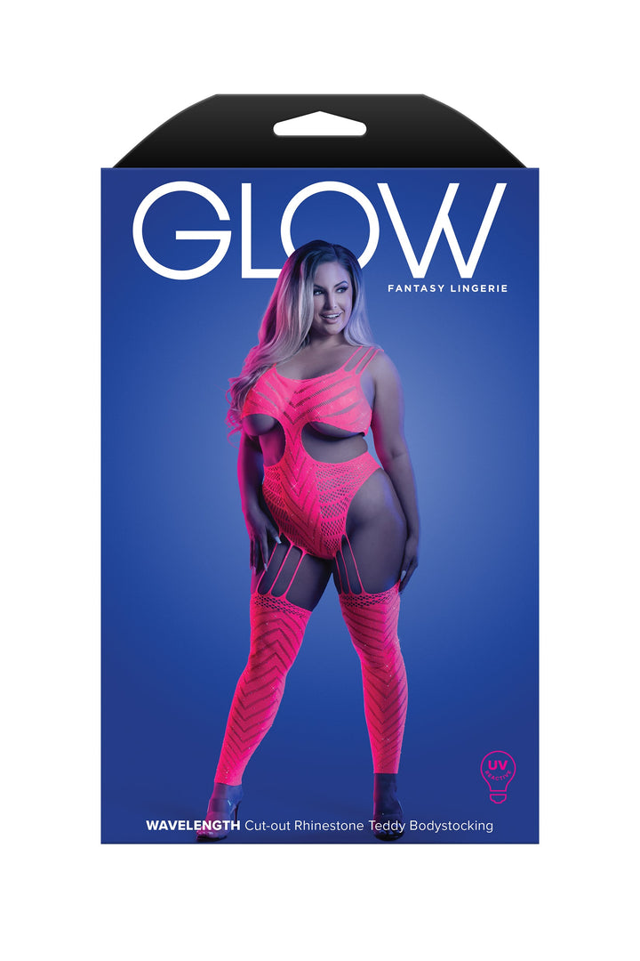 Glow Queen Wavelength Cutout Rhinestone Teddy Bodystocking Neon Pink-Fantasy Lingerie-Rebel Romance
