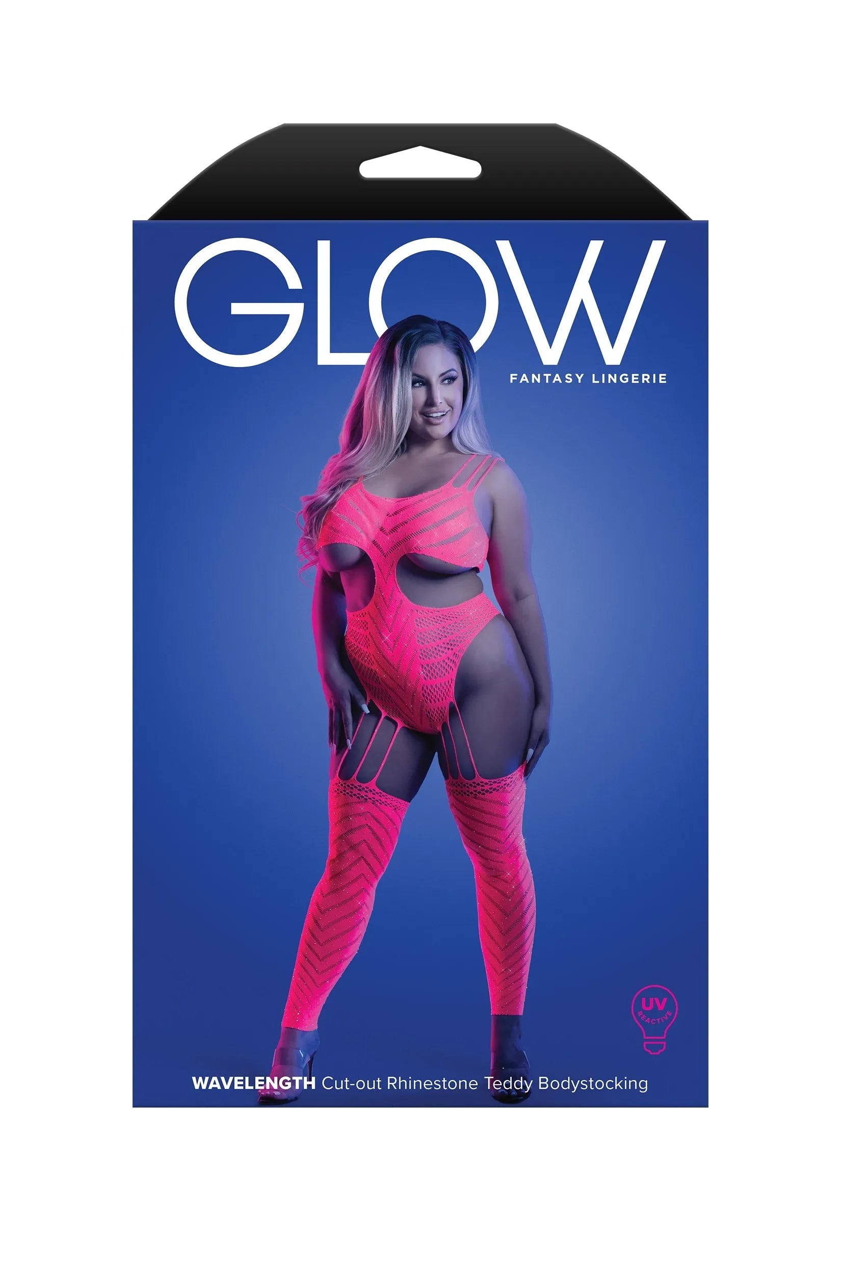 Fantasy Glow Queen Wavelength Cutout Rhinestone Teddy Bodystocking Neon Pink