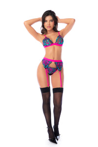Mapale Glow Vibrant Embroidered Sequin Garter Bra Set