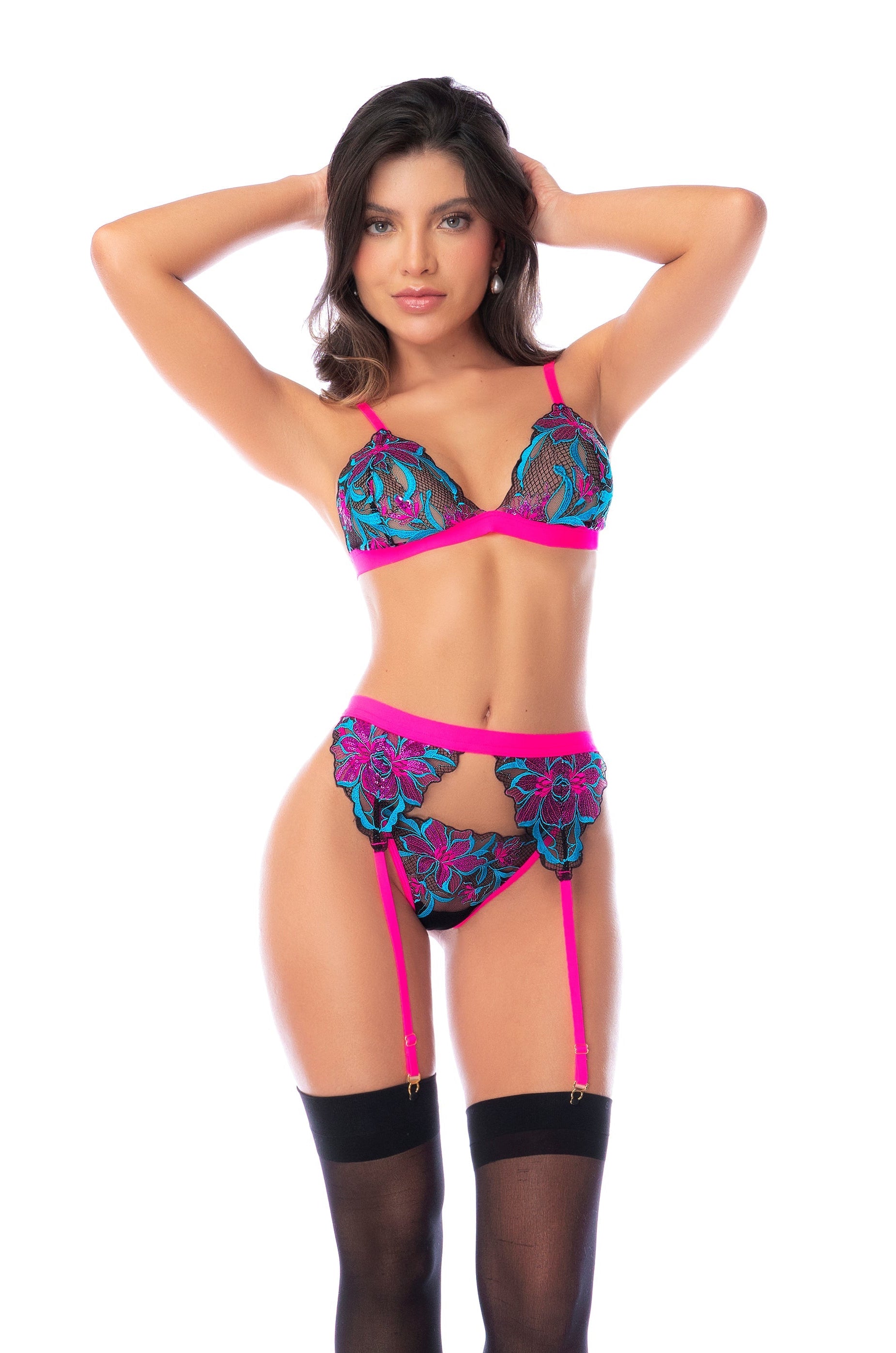Mapale Glow Vibrant Embroidered Sequin Garter Bra Set