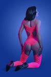 Fantasy Glow Wavelength Cutout Rhinestone Teddy Bodystocking Neon Pink