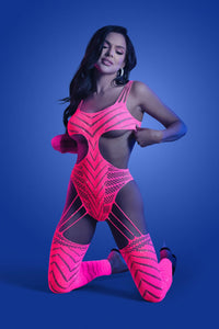 Fantasy Glow Wavelength Cutout Rhinestone Teddy Bodystocking Neon Pink