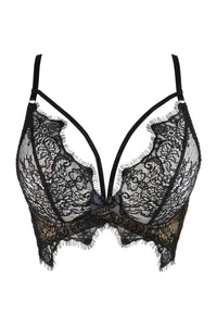Stunning black eyelash lace longline bra with unique butterfly winged band and frayed ends.