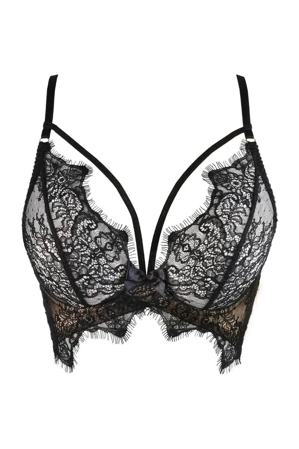 Stunning black eyelash lace longline bra with unique butterfly winged band and frayed ends.