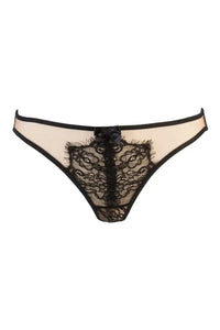 Seductive Axami Gooseberry Lace Thong with elegant black lace on a sheer beige background and a delicate bow.