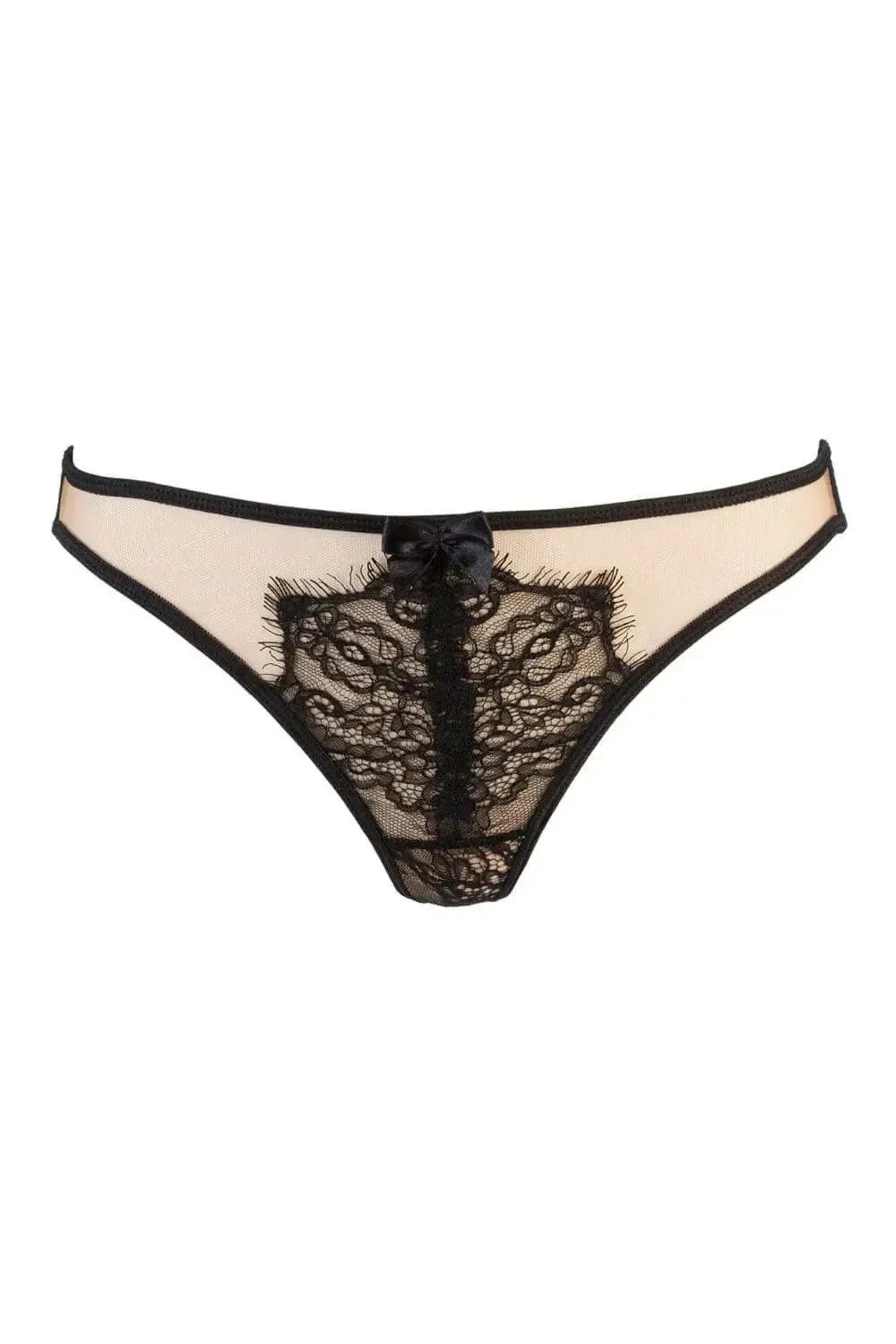 Seductive Axami Gooseberry Lace Thong with elegant black lace on a sheer beige background and a delicate bow.
