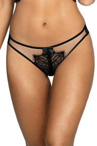 Seductive Axami Gooseberry Lace Thong: elegant black lace on a sheer beige background with a delicate bow.