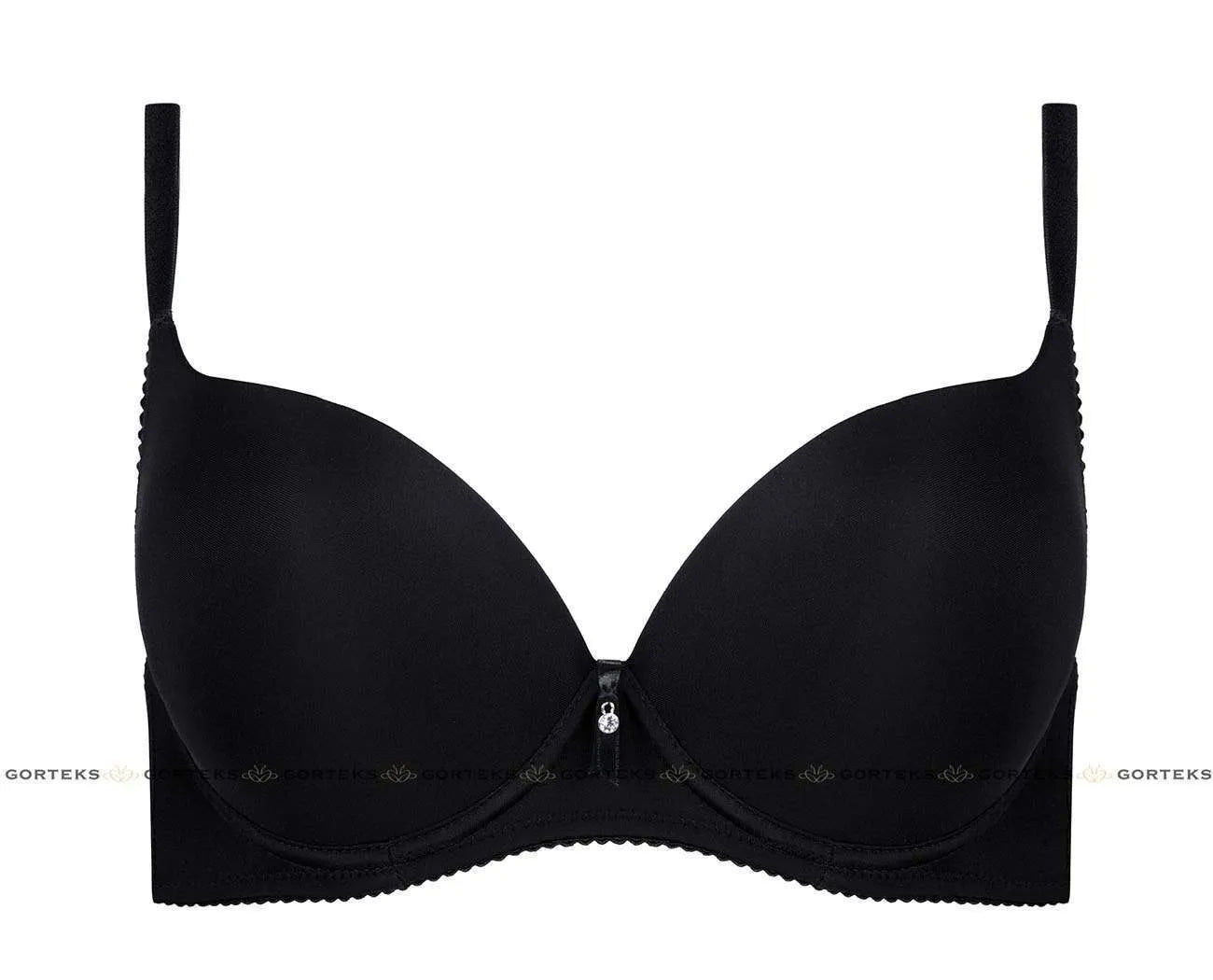 Gorteks Carla black push-up bra with smooth, moulded cups, underwire, and a delicate gemstone ribbon.