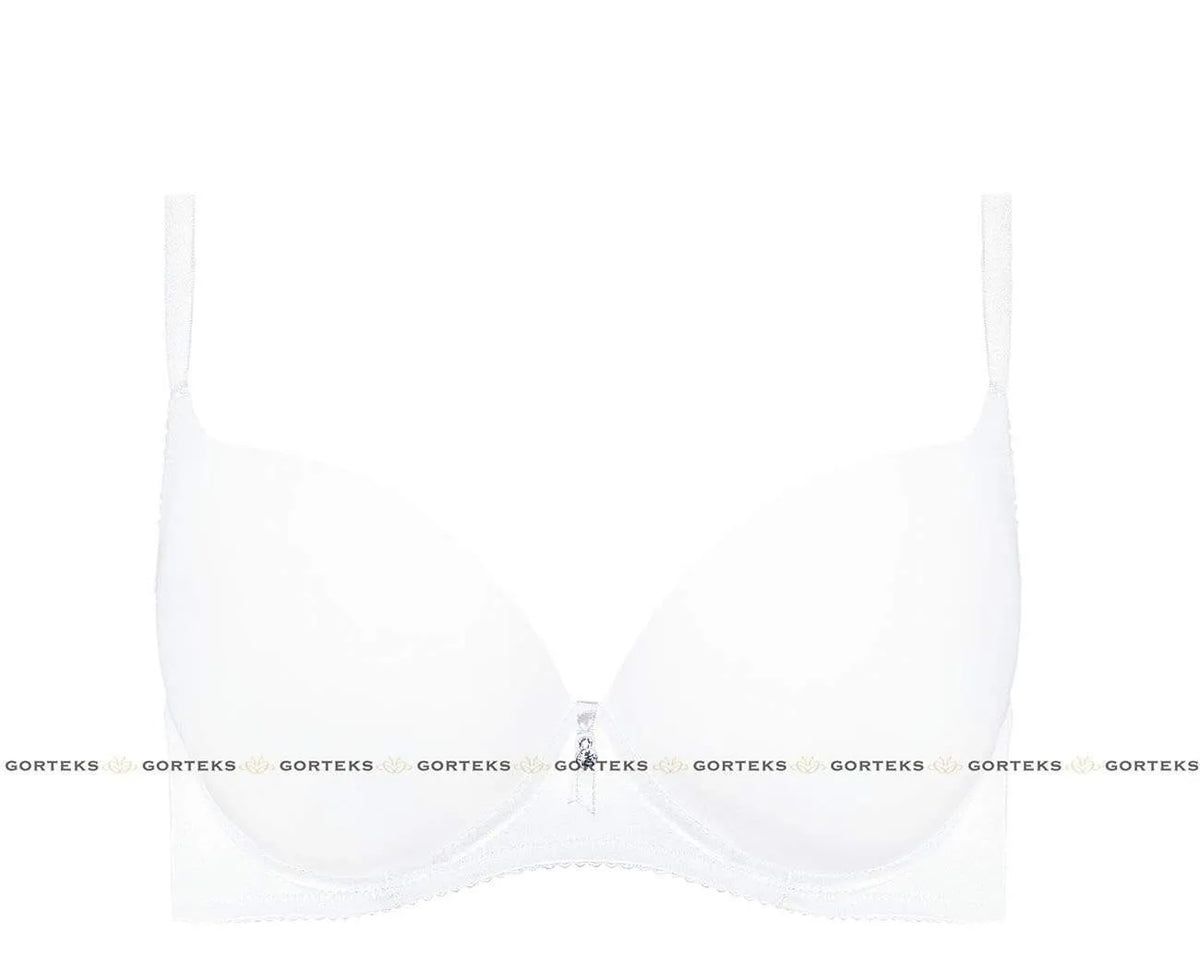 Gorteks Carla white push-up bra with smooth, moulded cups, delicate ribbon, and gemstone detail.