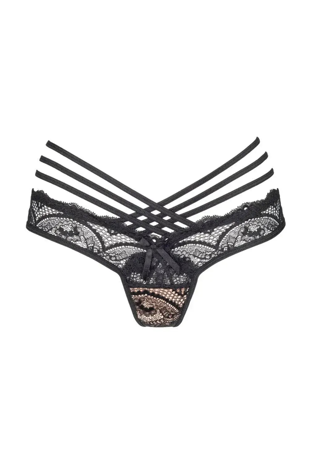 Axami Grafite black strappy tanga thong with delicate lace and flexible stripes.