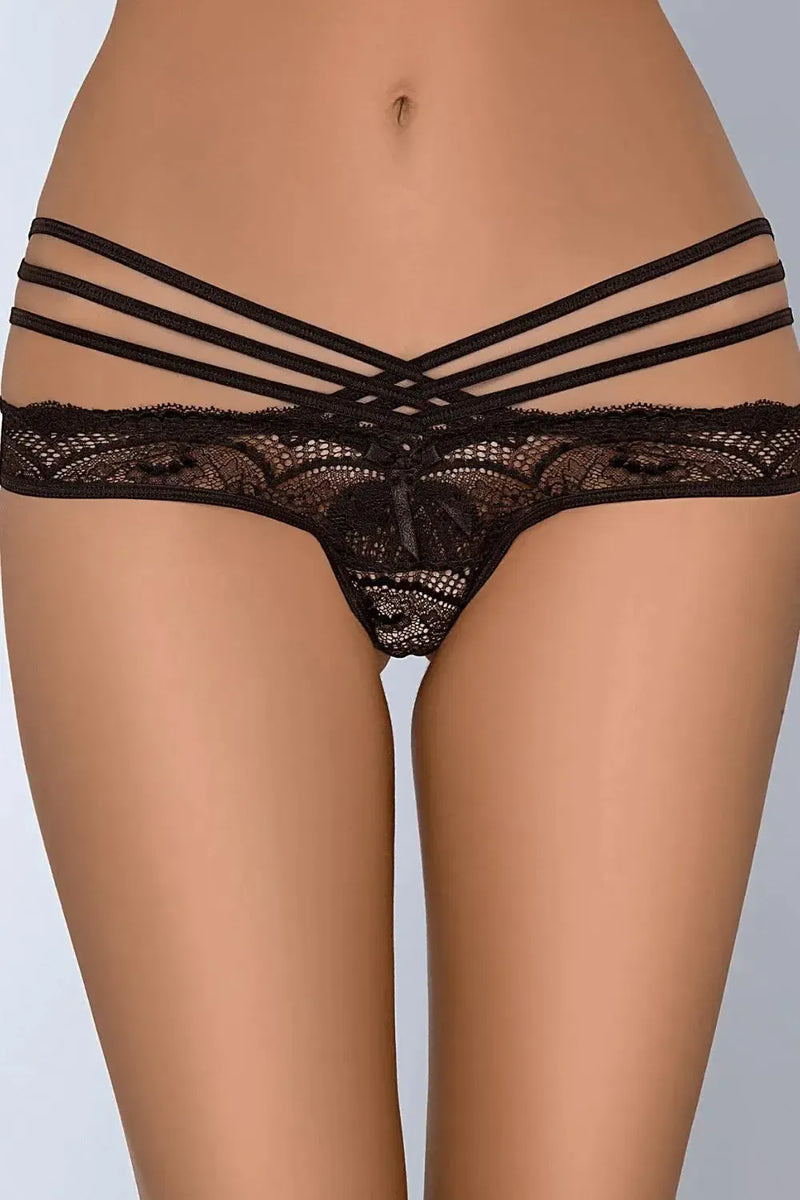 Axami Grafite black strappy tanga thong with delicate lace and flexible stripes.