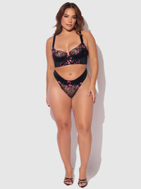 House of Desire Harper Embroidery Mesh Bra Set Black with Pink Flowers